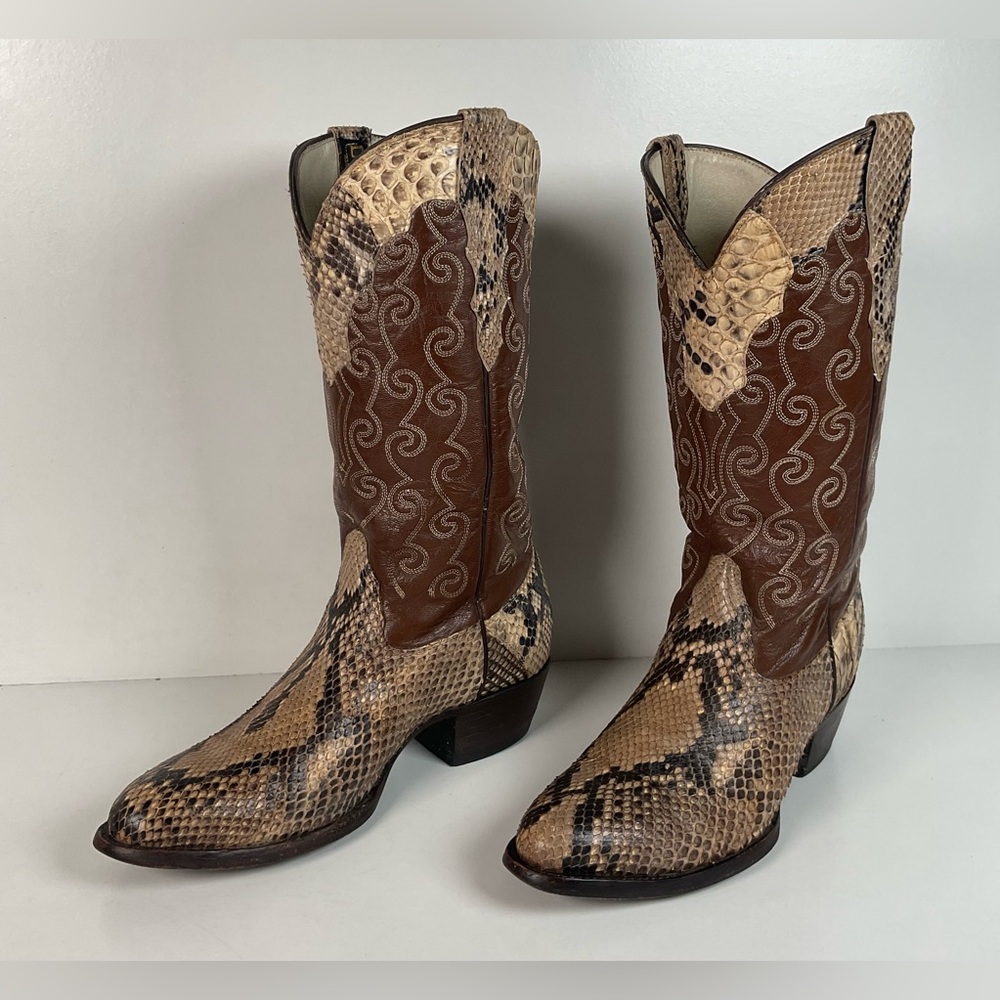 Vintage Longhorn Cowboy Boots | Python Snakeskin | Tooled Overlays | Men’s 9 D